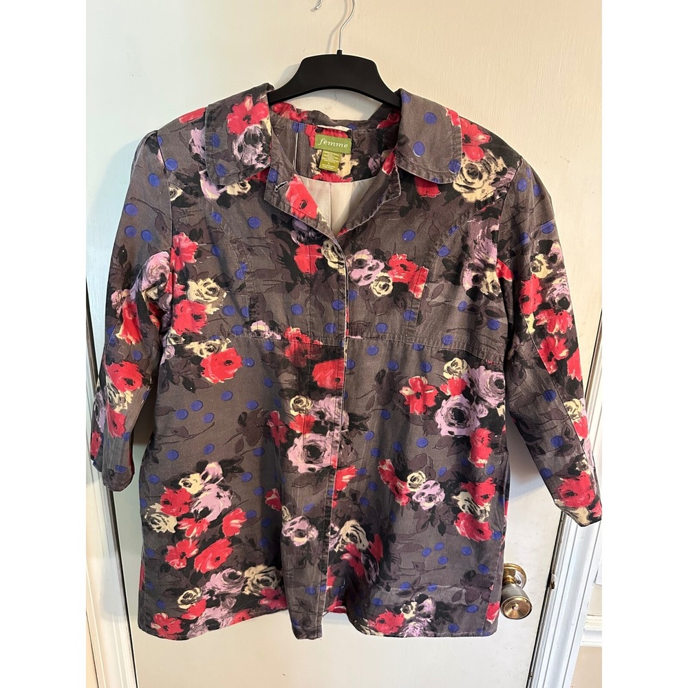 Vintage Femme Floral Print Jacket Button Up Collared Lined‎ Large